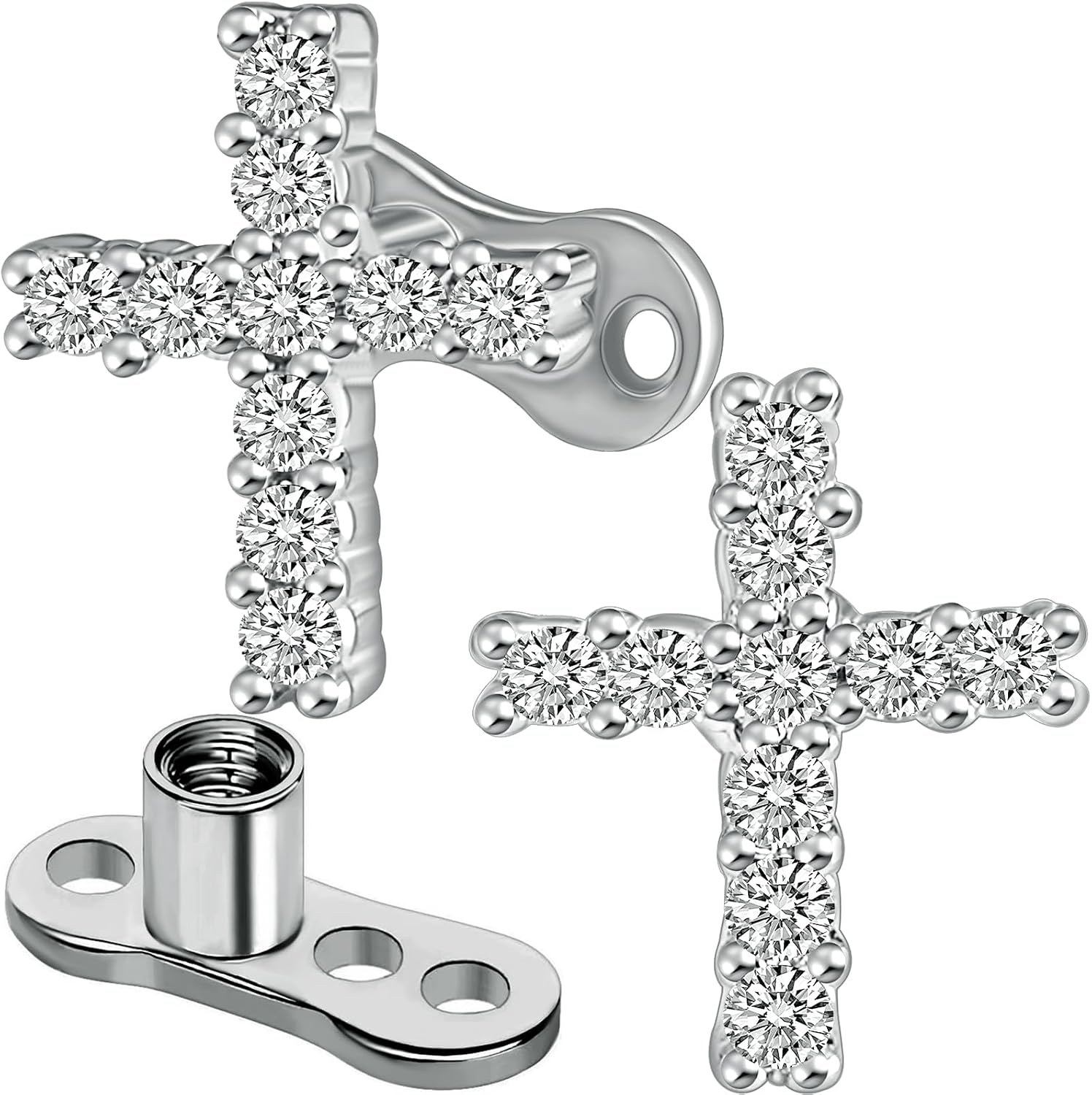 2pcs 14G Cross Dermal Anchor Tops and Base Stainless Steel Cubic Zirconia Internally Threaded Microdermals Body Piercings Crucifix Studs Skin Body Piercings Jewelry for Women Men