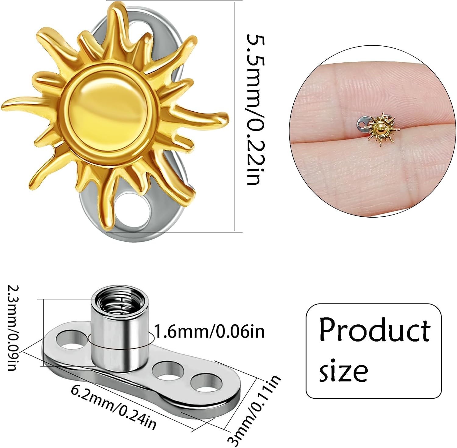 14G Sun Dermal Anchor Tops and Base G23 Titanium Minimalist Piercing Studs Internally Threaded Microdermal Lip Cheek Chest Body Piercings Jewelry for Women Men