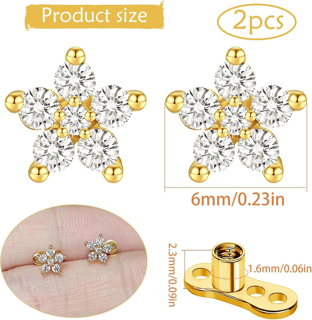 2pcs 14G Flower Cubic Zirconia Dermal Anchor Tops and Base Stainless Steel CZ Diamond Internally Threaded Microdermals Surface Skin Body Piercings Jewelry for Women Men
