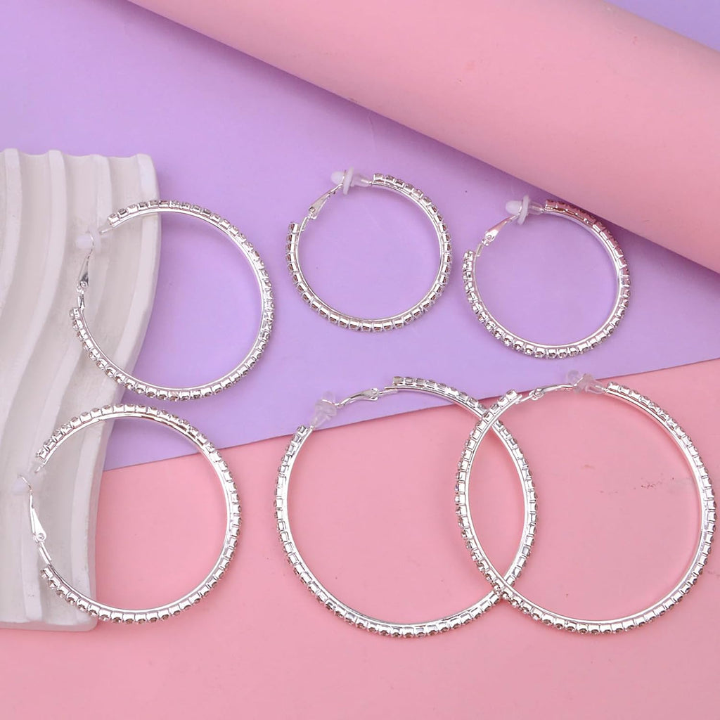 3 Pairs Rhinestone Hoop Clip On Earrings Silver | Sparkling Crystal Rhinestones, Large Non Pierced, DIY Earrings Making, 4.5/5.5/6.5 cm