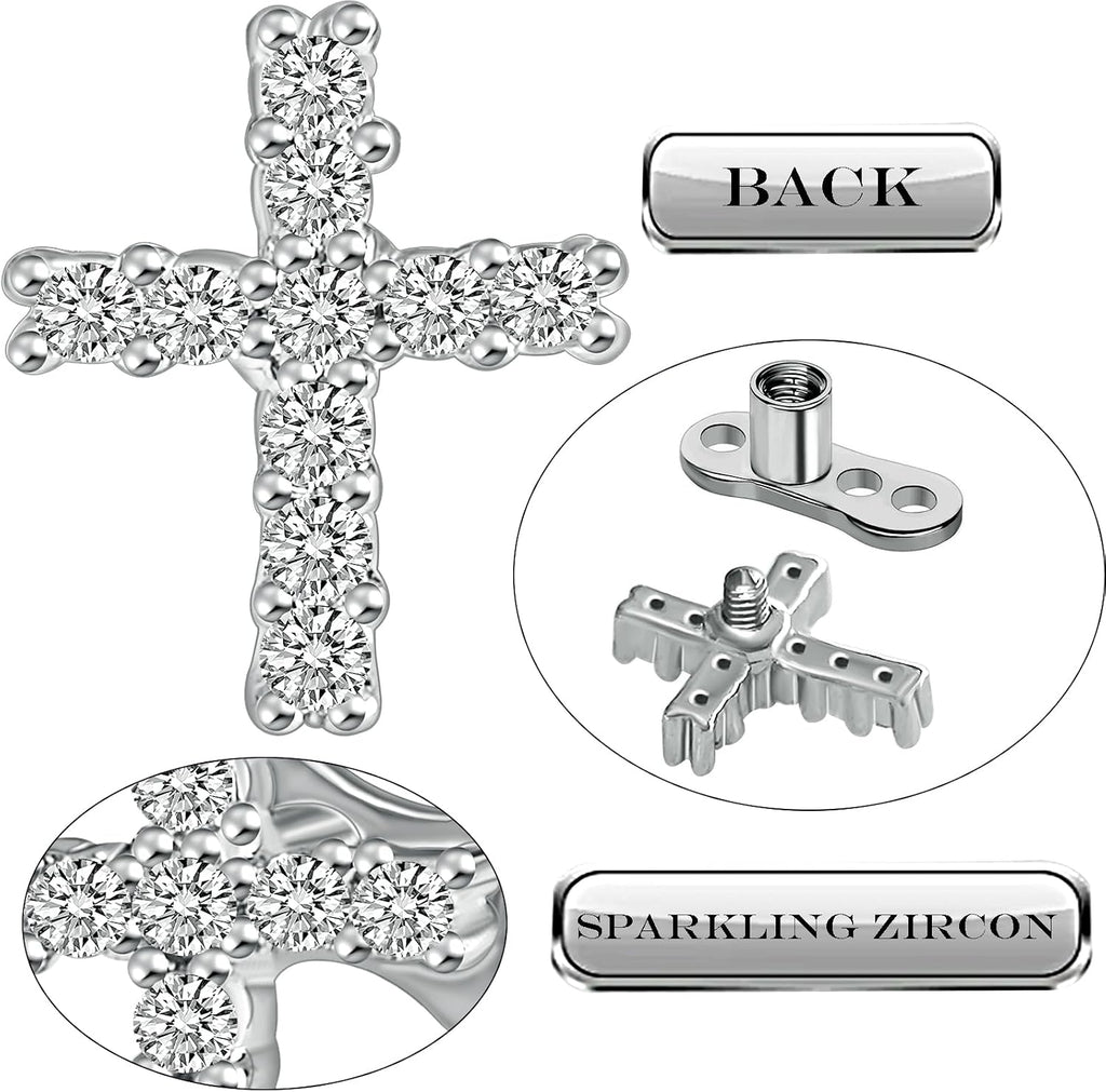 2pcs 14G Cross Dermal Anchor Tops and Base Stainless Steel Cubic Zirconia Internally Threaded Microdermals Body Piercings Crucifix Studs Skin Body Piercings Jewelry for Women Men