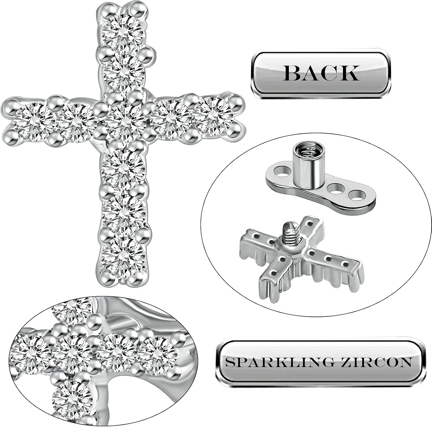 2pcs 14G Cross Dermal Anchor Tops and Base Stainless Steel Cubic Zirconia Internally Threaded Microdermals Body Piercings Crucifix Studs Skin Body Piercings Jewelry for Women Men