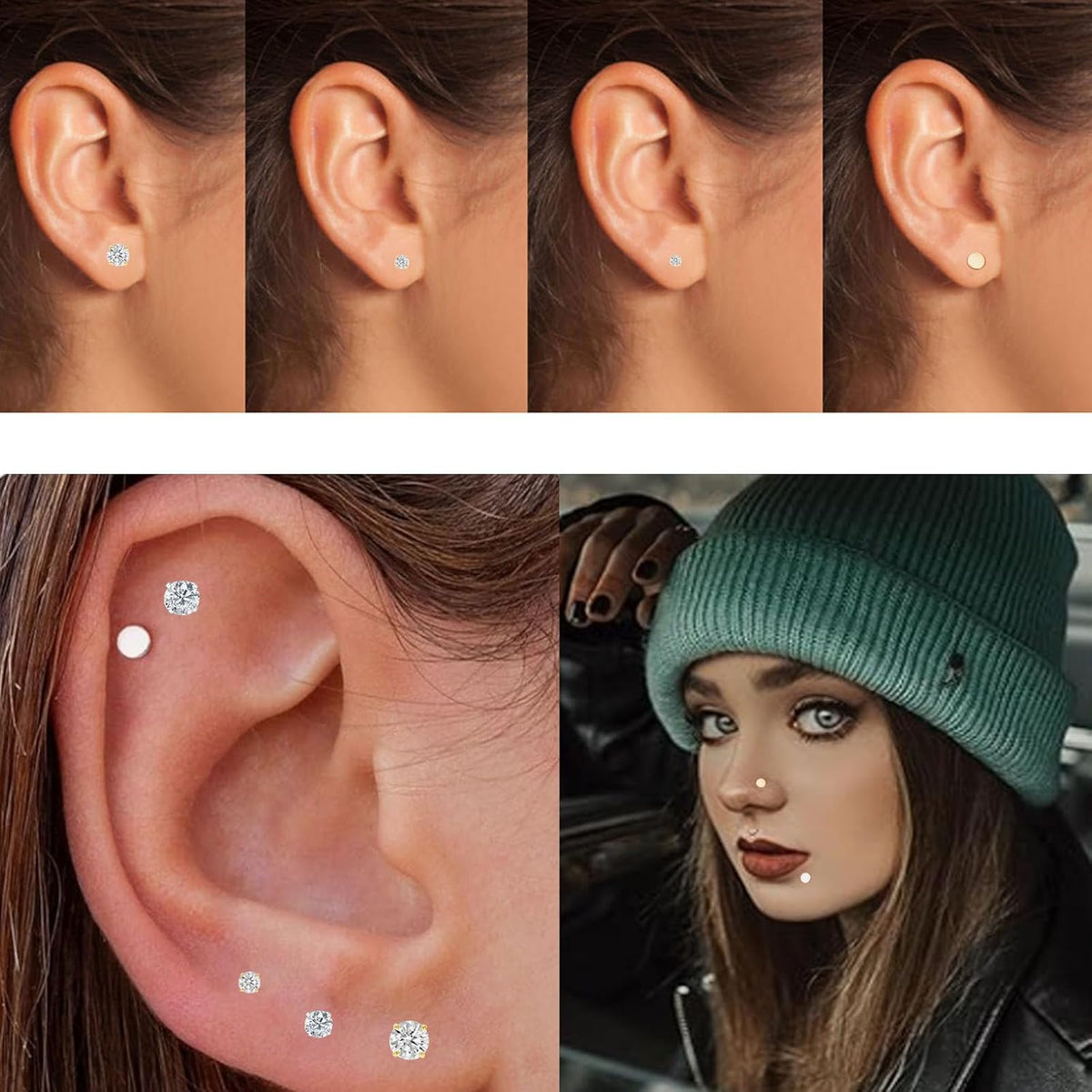 6 Pairs 16G Stainless Steel Labret Internally Threaded Lip Nose Piercing Studs Flat Back Medusa Conch Tragus Cartilage Helix Body Piercing Jewelry Earring Studs for Women Men