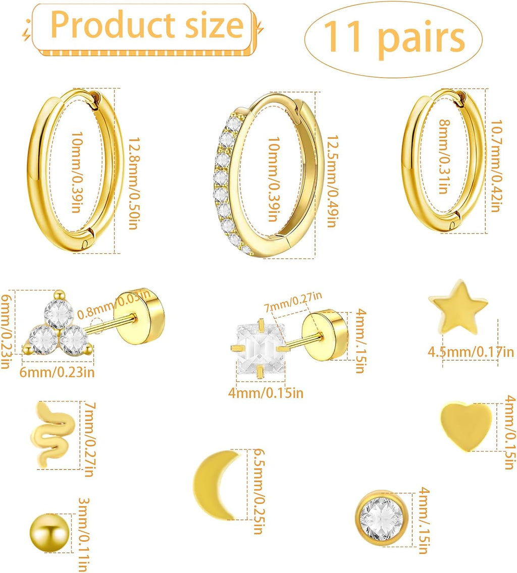 11 Pairs 0.8mm Hypoallergenic Flat Back Earrings Golden Surgical Steel Star Moon Earring Studs Huggie Hoop Cartilage Earrings Set for Women Earring Stacks Multiple Piercing Jewelry