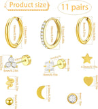 11 Pairs 0.8mm Hypoallergenic Flat Back Earrings Golden Stainles Steel Star Moon Earring Studs Huggie Hoop Cartilage Earrings Set for Earring Stacks Multiple Piercing Jewelry