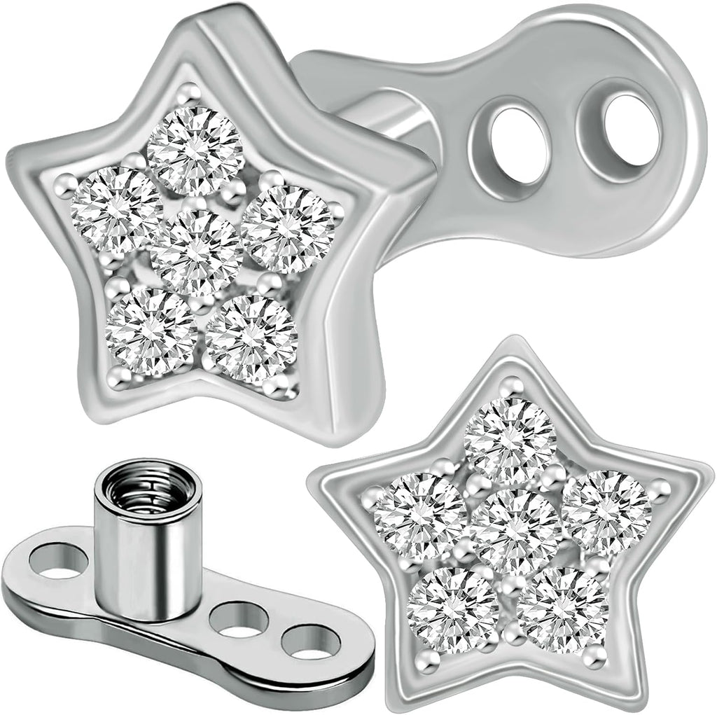 2pcs 14G Titanium Steel CZ Dermal Anchor Tops and Base Star-Shaped Cubic Zirconia Internally Threaded Microdermals Skin Body Piercings Jewelry Gift for Men Women