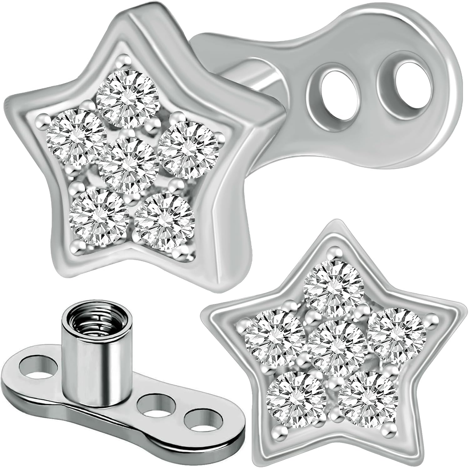2pcs 14G Titanium Steel CZ Dermal Anchor Tops and Base Star-Shaped Cubic Zirconia Internally Threaded Microdermals Skin Body Piercings Jewelry Gift for Men Women