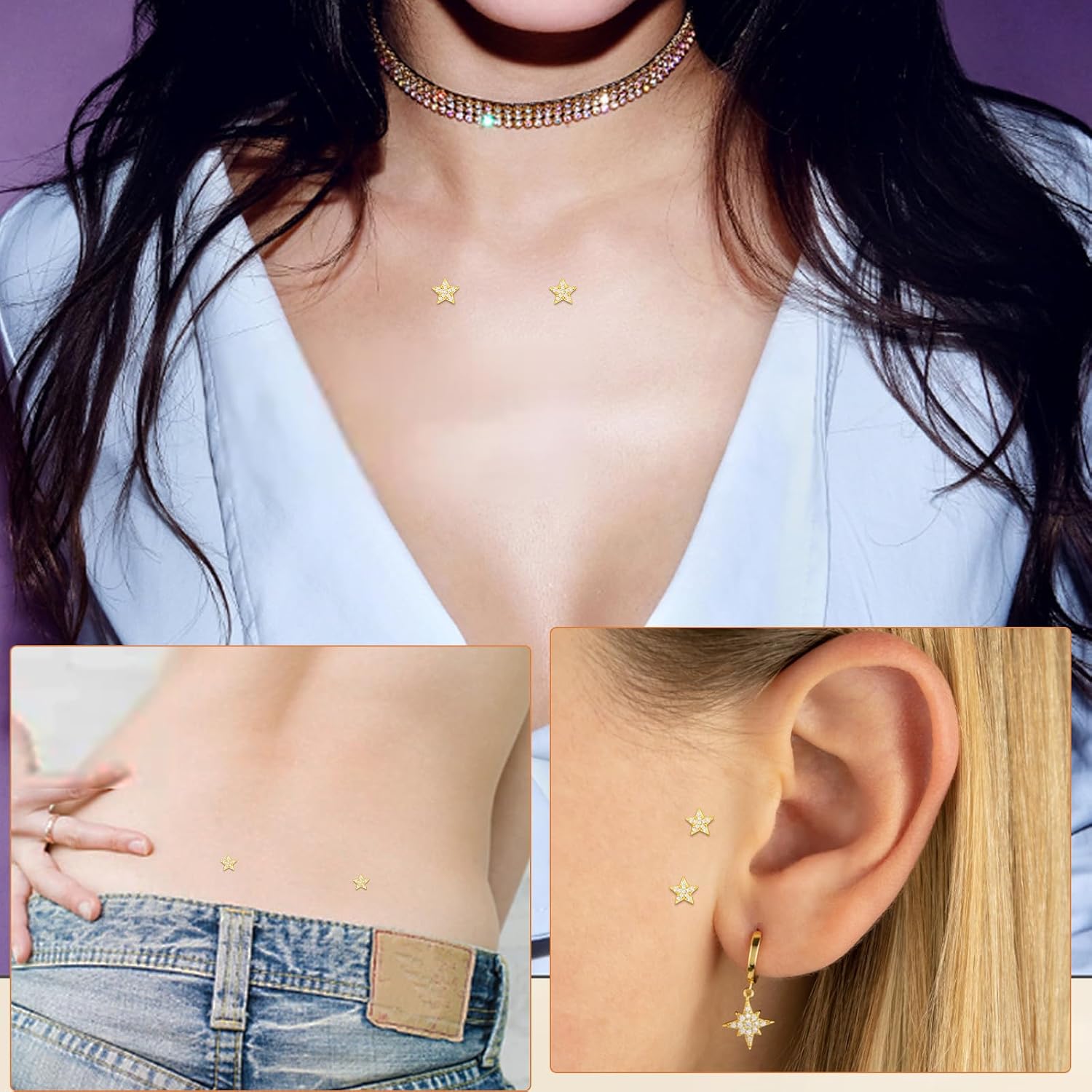 2pcs 14G Stainless Steel CZ Dermal Anchor Tops and Base Star-Shaped Cubic Zirconia Internally Threaded Microdermals Skin Body Piercings Jewelry Gift for Men Women