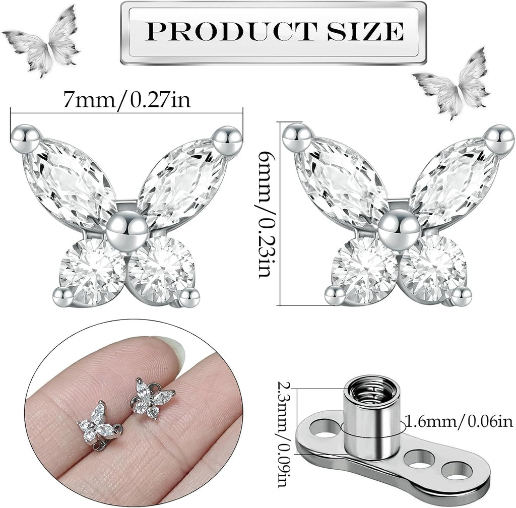 2 Pieces Butterfly G23 Titanium Dermal Anchor Tops and Base 14G Surgical Steel CZ Crystal Microdermals Body Piercings Personalized Jewelry Gift for Women Men