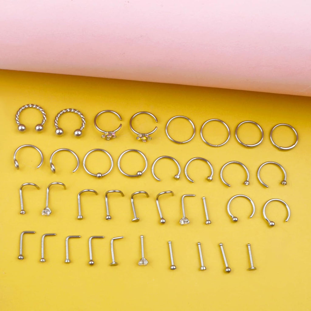 36pcs 20G Stainless Steel Nose Rings Hoop L Shape Nose Studs Screw Bone Hypoallergenic Nostril Surgical Noses Body Piercing Hoops Jewelry Sets for Men Women Birthday Party Gift