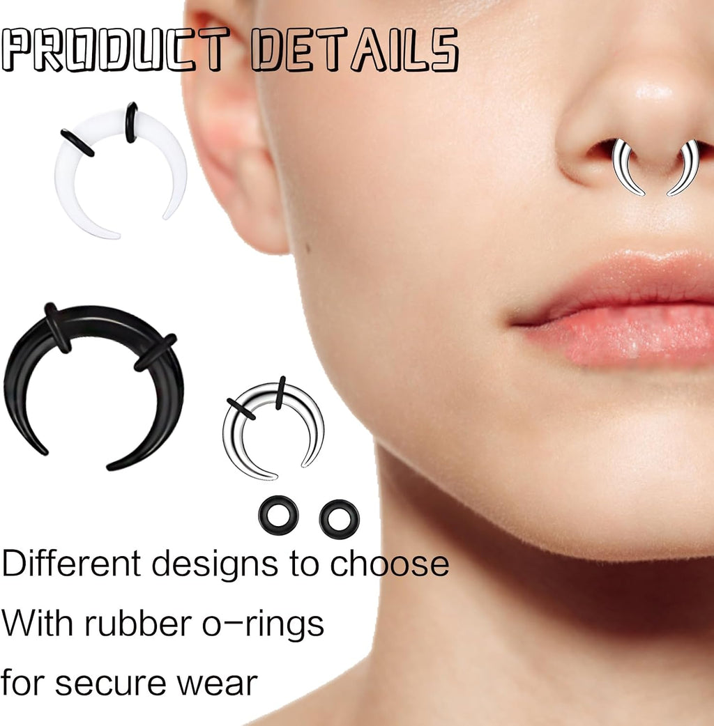 24pcs 14G-4G Acrylic Horseshoe Septum Rings Piercing Jewelry Pincher Tapers Stainless Steel C Shape Buffalo Stretcher Expander with Black O-Rings for Stretching Pierced Nose Ear Cartilage