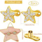 2pcs 14G Stainless Steel CZ Dermal Anchor Tops and Base Star-Shaped Cubic Zirconia Internally Threaded Microdermals Skin Body Piercings Jewelry Gift for Men Women
