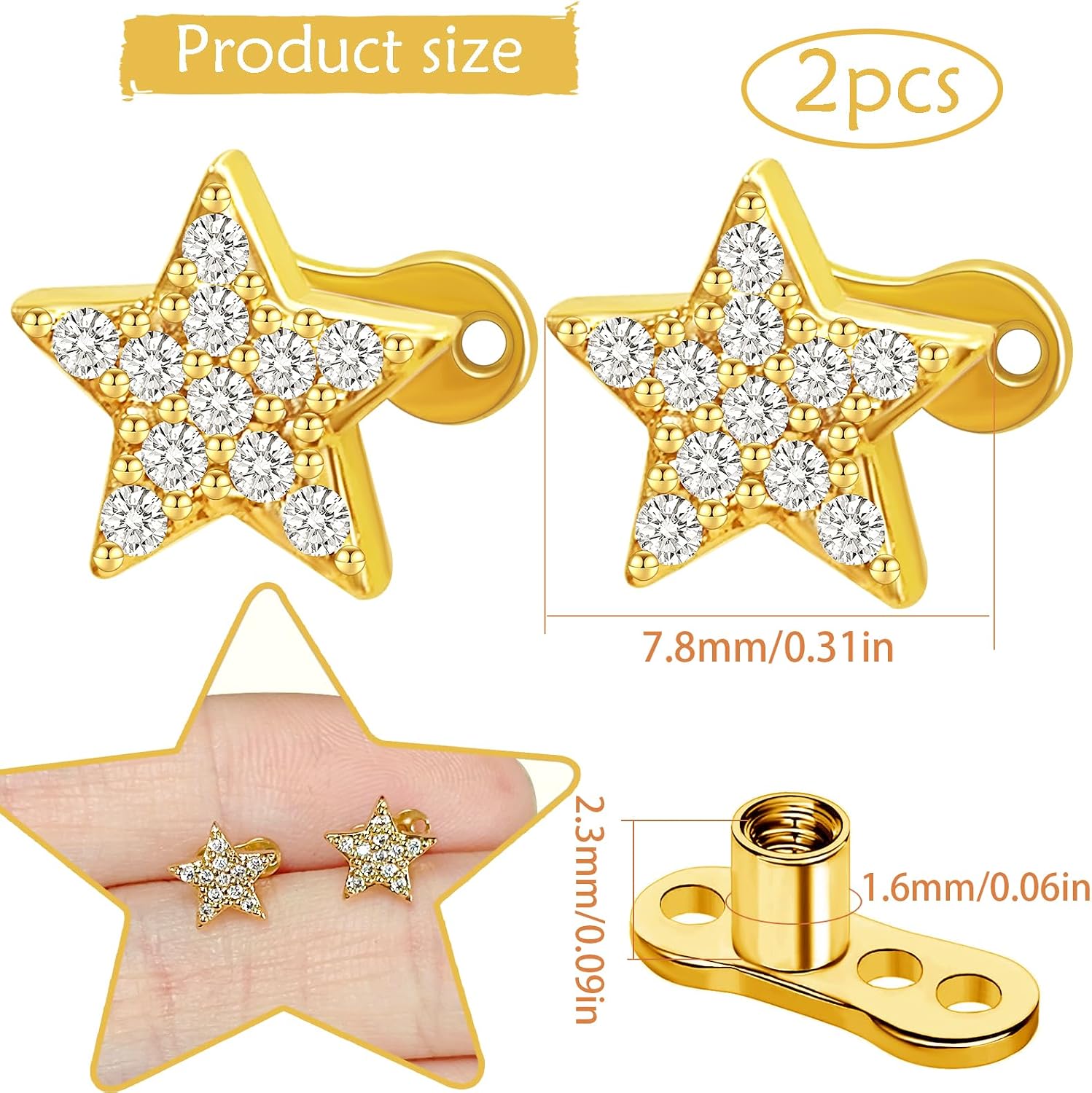 2pcs 14G Stainless Steel CZ Dermal Anchor Tops and Base Star-Shaped Cubic Zirconia Internally Threaded Microdermals Skin Body Piercings Jewelry Gift for Men Women