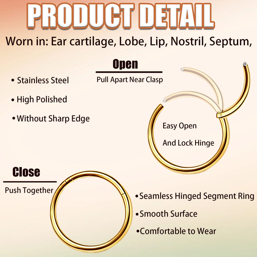 10Pcs 16G Stainless Steel Hinged Lip Ring Nose Hoops Studs Segment Septum Cartilage Tragus Piercing Jewelry for Women Men, 8mm/10mm/12mm/14mm/16mm