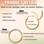 10Pcs 16G Stainless Steel Hinged Lip Ring Nose Hoops Studs Segment Septum Cartilage Tragus Piercing Jewelry for Women Men, 8mm/10mm/12mm/14mm/16mm