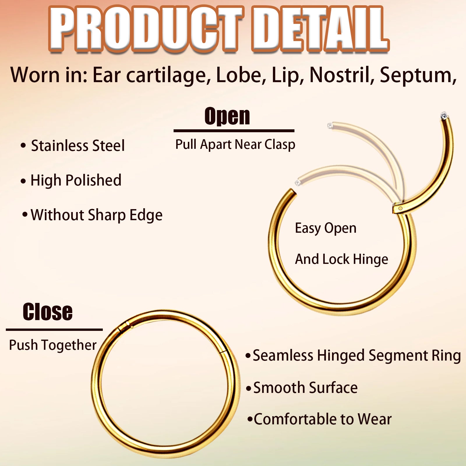 10Pcs 16G Stainless Steel Hinged Lip Ring Nose Hoops Studs Segment Septum Cartilage Tragus Piercing Jewelry for Women Men, 8mm/10mm/12mm/14mm/16mm