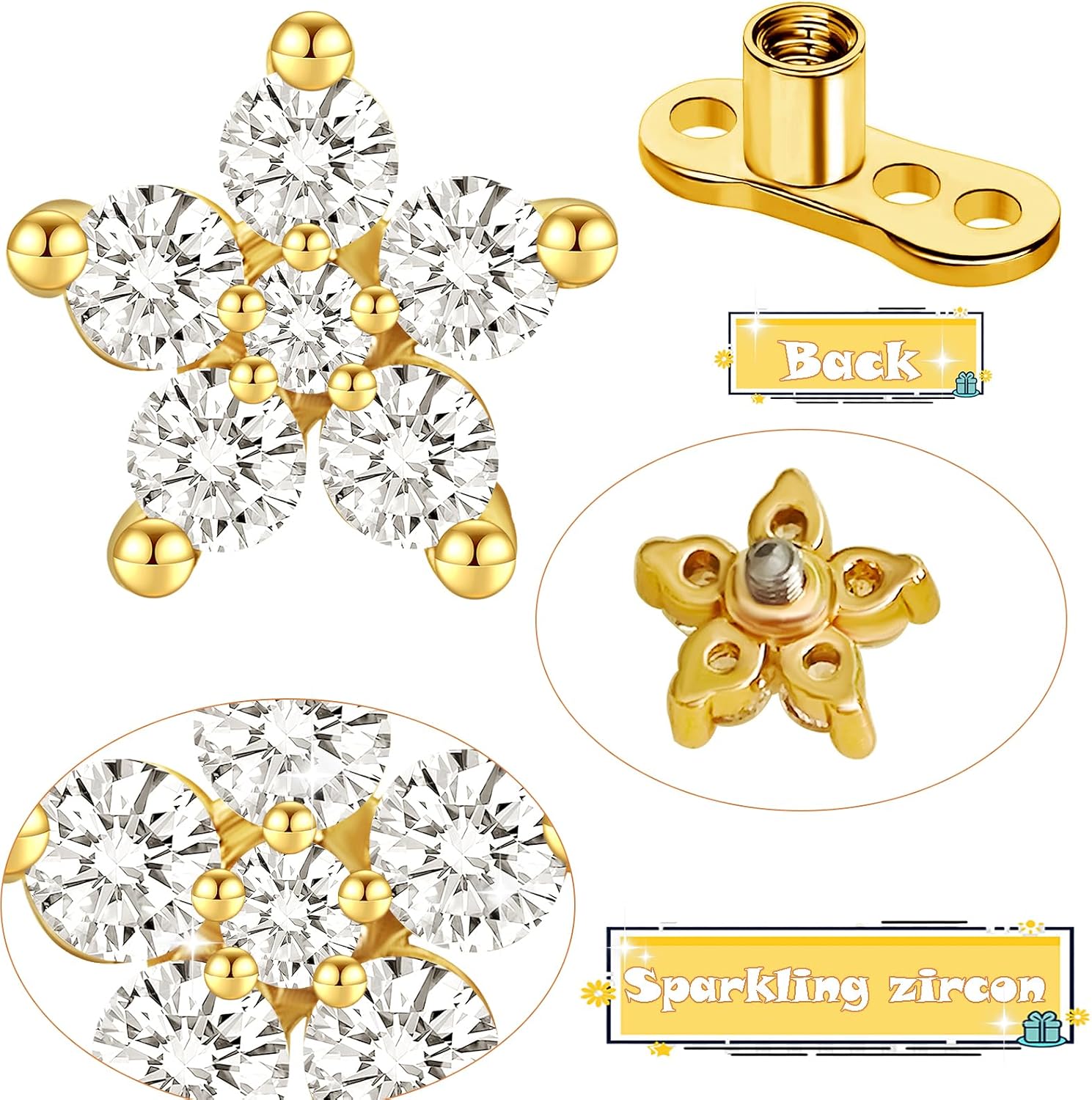 2pcs 14G Flower Cubic Zirconia Dermal Anchor Tops and Base Stainless Steel CZ Diamond Internally Threaded Microdermals Surface Skin Body Piercings Jewelry for Women Men