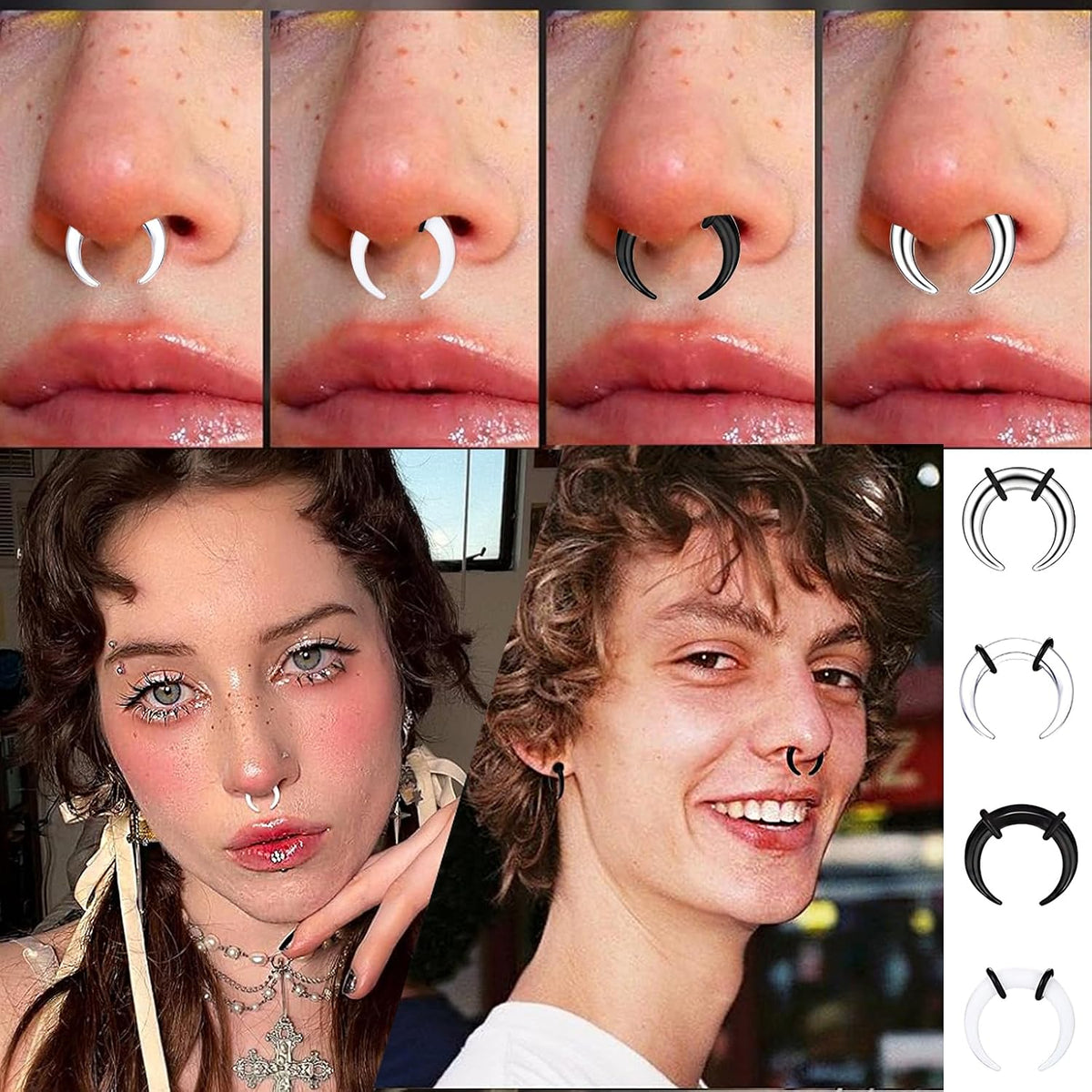 24pcs 14G-4G Acrylic Horseshoe Septum Rings Piercing Jewelry Pincher Tapers Stainless Steel C Shape Buffalo Stretcher Expander with Black O-Rings for Stretching Pierced Nose Ear Cartilage
