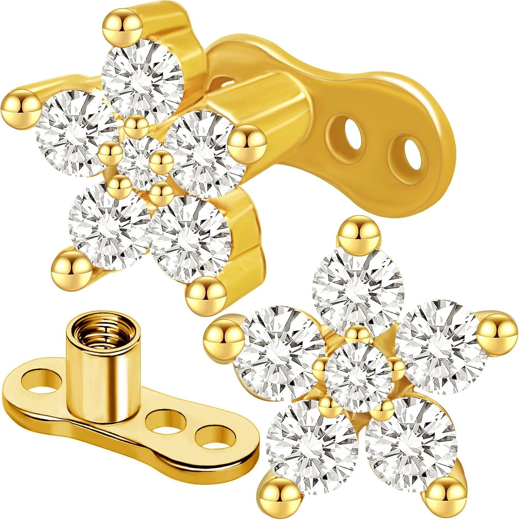 2pcs 14G Flower Cubic Zirconia Dermal Anchor Tops and Base Stainless Steel CZ Diamond Internally Threaded Microdermals Surface Skin Body Piercings Jewelry for Women Men