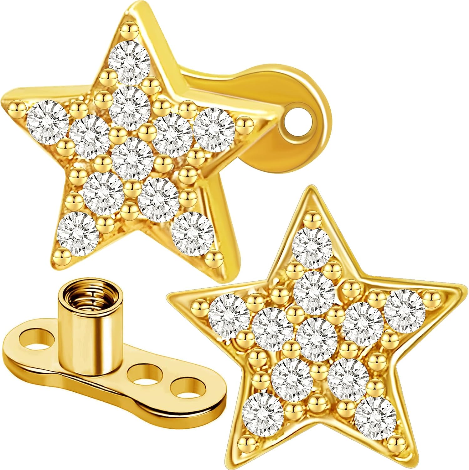 2pcs 14G Stainless Steel CZ Dermal Anchor Tops and Base Star-Shaped Cubic Zirconia Internally Threaded Microdermals Skin Body Piercings Jewelry Gift for Men Women