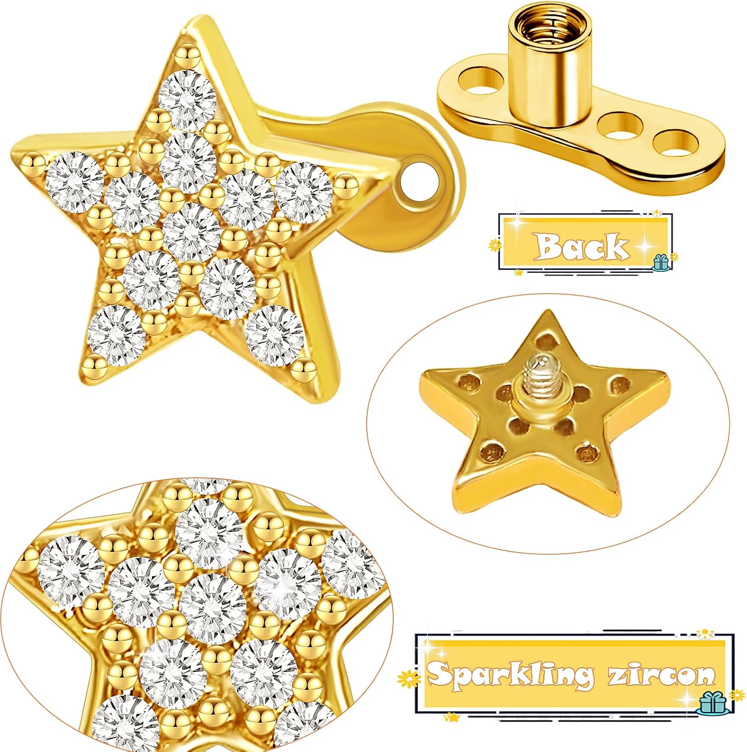 2pcs 14G Stainless Steel CZ Dermal Anchor Tops and Base Star-Shaped Cubic Zirconia Internally Threaded Microdermals Skin Body Piercings Jewelry Gift for Men Women