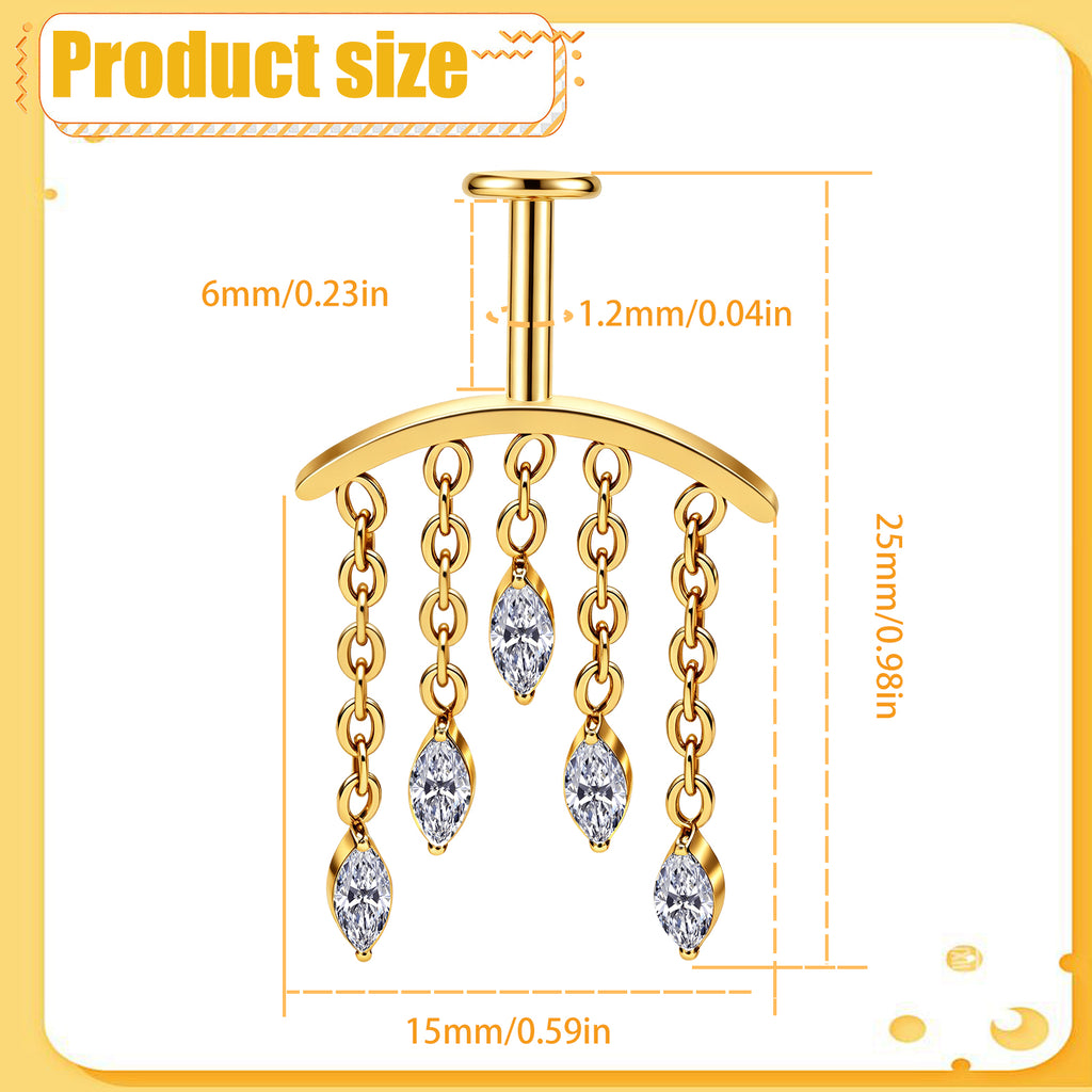 Hidden Vertical Helix Piercing Jewelry 16G Titanium Chain CZ Golden Flat Back Stud Cartilage Earrings for Women Dangle Floating Helix Tragus Piercings