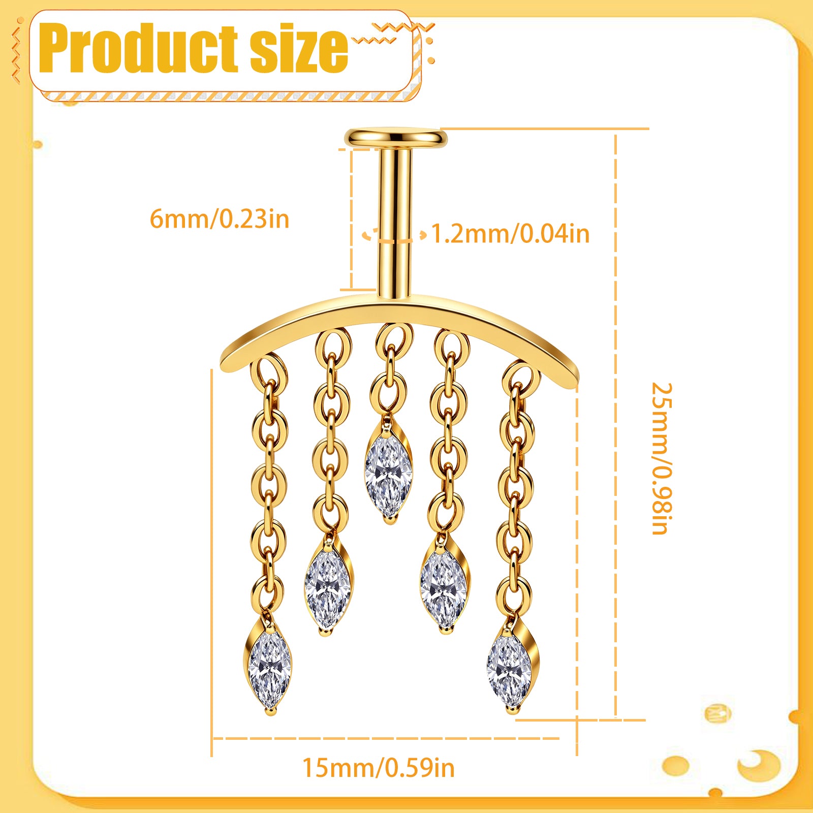 Hidden Vertical Helix Piercing Jewelry 16G Titanium Chain CZ Golden Flat Back Stud Cartilage Earrings for Women Dangle Floating Helix Tragus Piercings