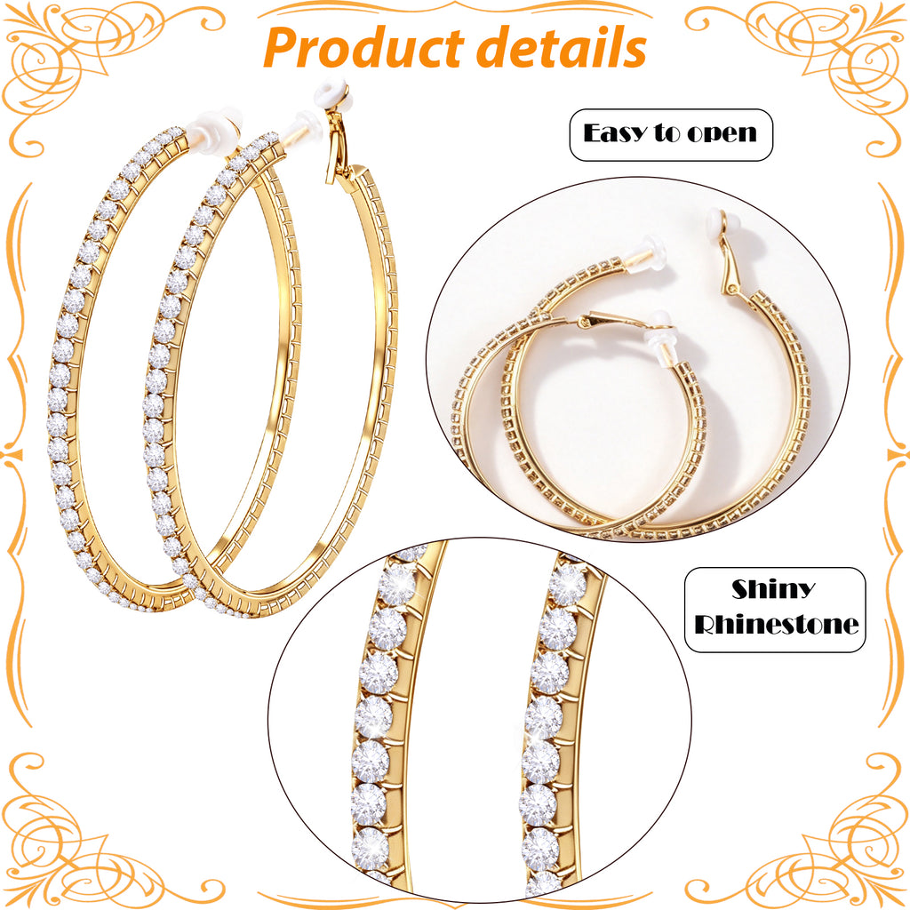 3 Pairs Rhinestone Hoop Clip On Earrings Golden Sparkly Crystal Large Non Pierced Earring Clips Circle Hoops for Women DIY Earrings Making Supplies