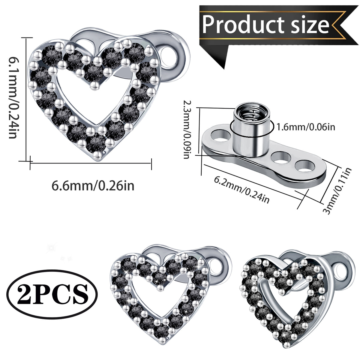 2 PCS 14G Cubic Zirconia Dermal Anchor Tops and Base Surgical Titanium Steel CZ Diamond Microdermals Internally Threaded Studs Body Piercings Jewelry Gift for Women Men,Black