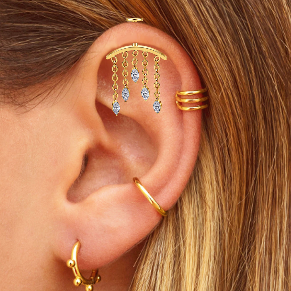 Hidden Vertical Helix Piercing Jewelry 16G Titanium Chain CZ Golden Flat Back Stud Cartilage Earrings for Women Dangle Floating Helix Tragus Piercings