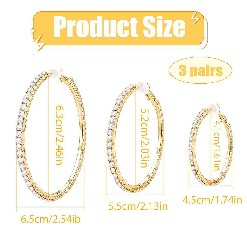 3 Pairs Rhinestone Hoop Clip On Earrings Golden Sparkly Crystal Large Non Pierced Earring Clips Circle Hoops for Women DIY Earrings Making Supplies
