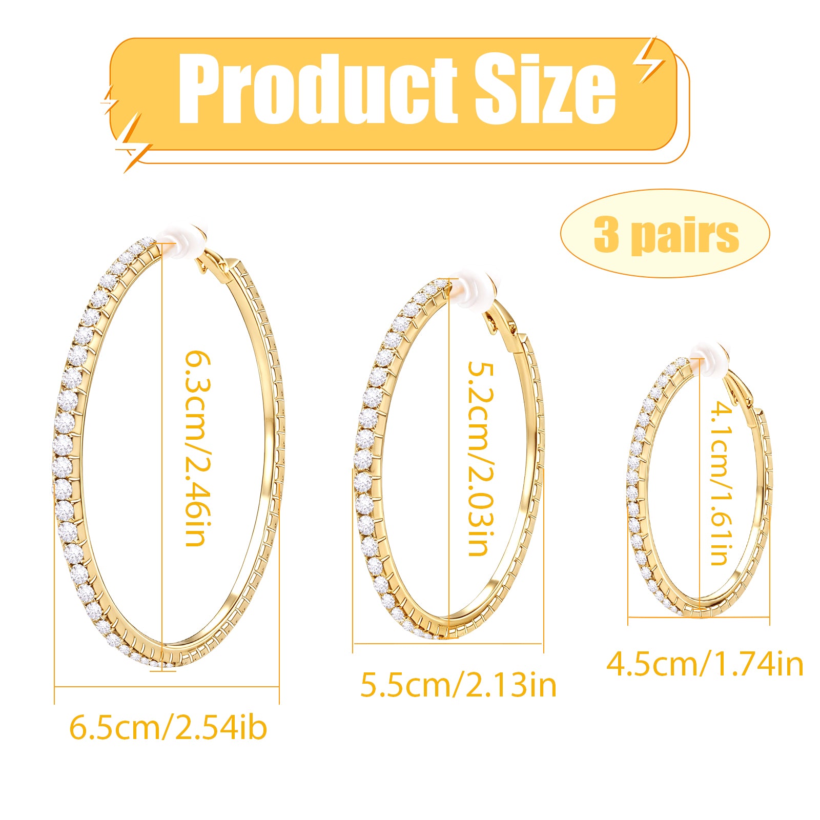3 Pairs Rhinestone Hoop Clip On Earrings Golden Sparkly Crystal Large Non Pierced Earring Clips Circle Hoops for Women DIY Earrings Making Supplies