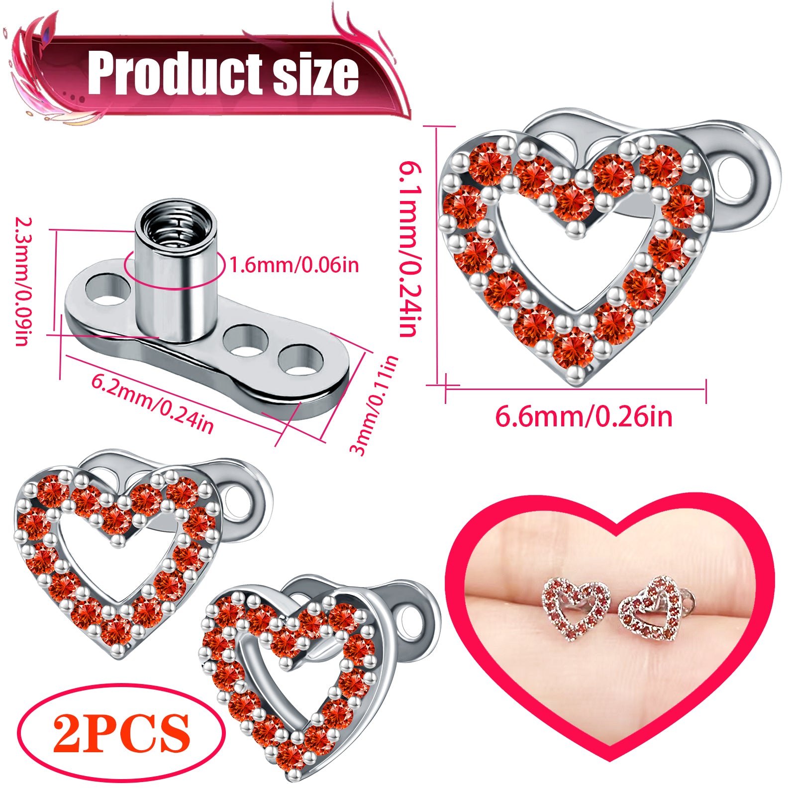 2pcs 14G Cubic Zirconia Heart Dermal Anchor Tops and Base Stainless Steel CZ Microdermals Body Piercings Studs Personalized Jewelry for Women Men