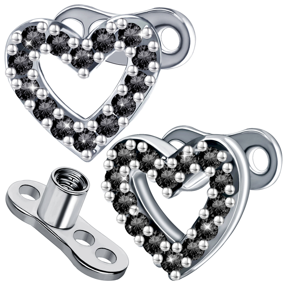 2 PCS 14G Cubic Zirconia Dermal Anchor Tops and Base Surgical Titanium Steel CZ Diamond Microdermals Internally Threaded Studs Body Piercings Jewelry Gift for Women Men,Black