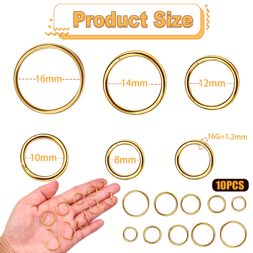 10Pcs 16G Stainless Steel Hinged Lip Ring Nose Hoops Studs Segment Septum Cartilage Tragus Piercing Jewelry for Women Men, 8mm/10mm/12mm/14mm/16mm