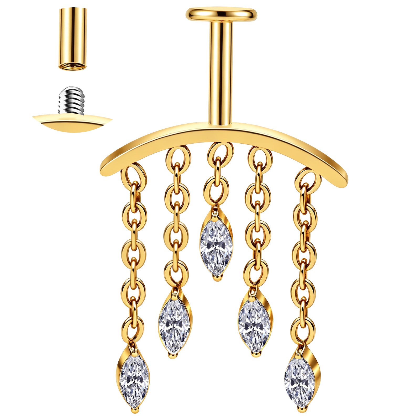Hidden Vertical Helix Piercing Jewelry 16G Titanium Chain CZ Golden Flat Back Stud Cartilage Earrings for Women Dangle Floating Helix Tragus Piercings