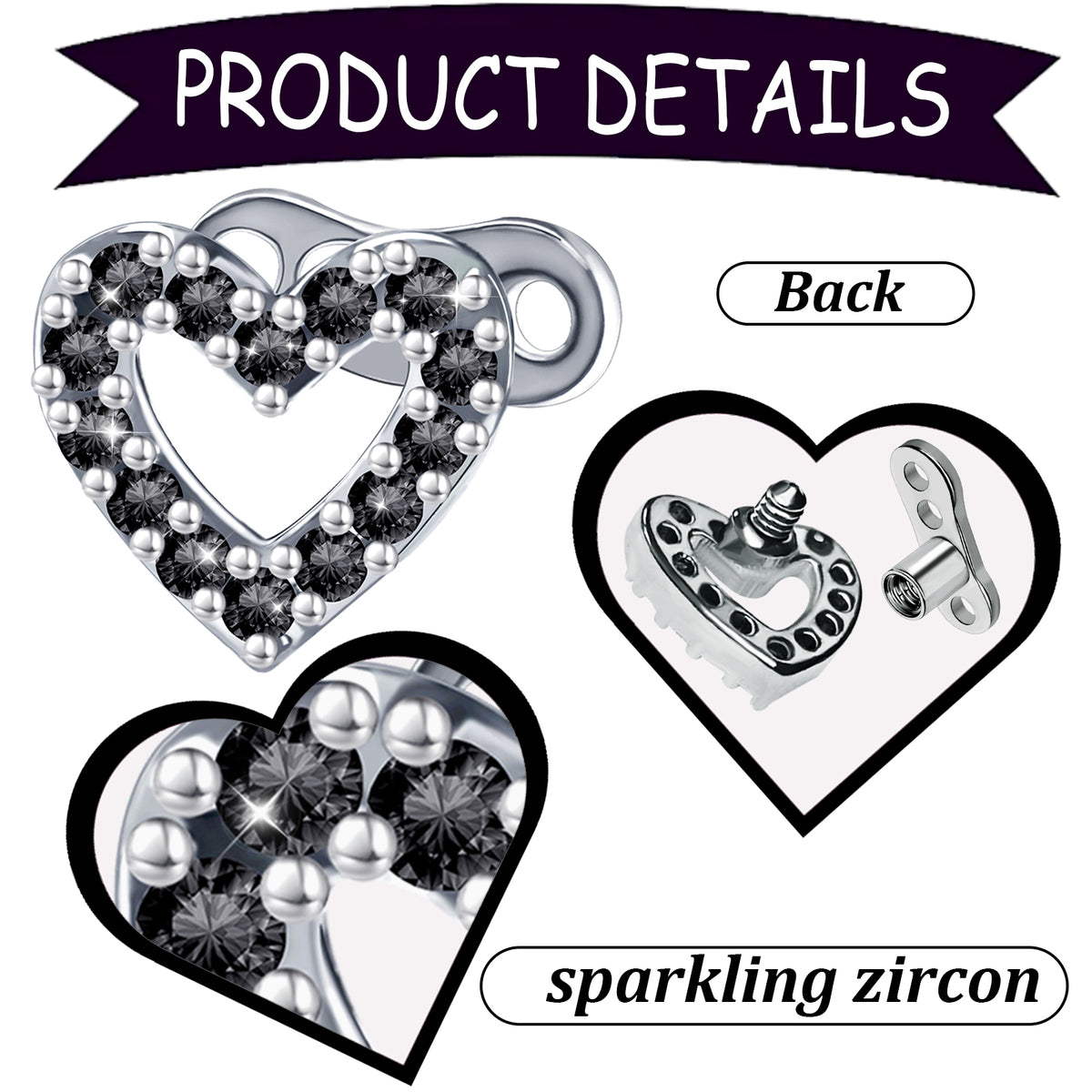 2 PCS 14G Cubic Zirconia Dermal Anchor Tops and Base Surgical Titanium Steel CZ Diamond Microdermals Internally Threaded Studs Body Piercings Jewelry Gift for Women Men,Black